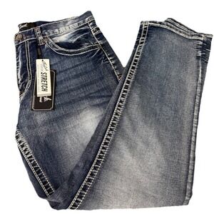 True Luck Men's Straight Leg Jeans Size 34x30 Red Thick Stitched Pockets New